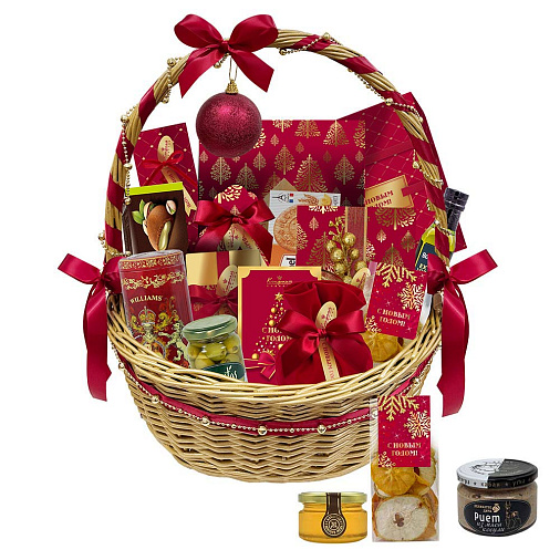 "Новогодняя корзина" набор: драже, конфеты, чай, печенье, мед, фруктовые чипсы 2705г