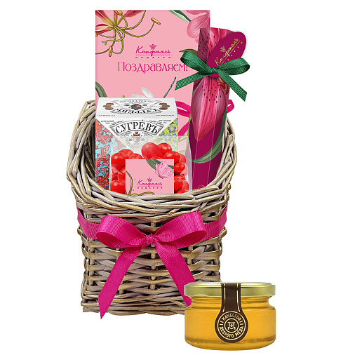 Подарочная корзина: шоколад, драже, конфеты глазированные, чай, мед