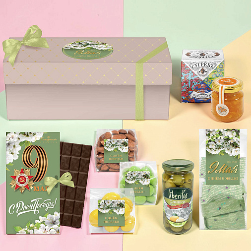 "9 мая" подарочный набор: шоколад, драже, оливки, чай, варенье