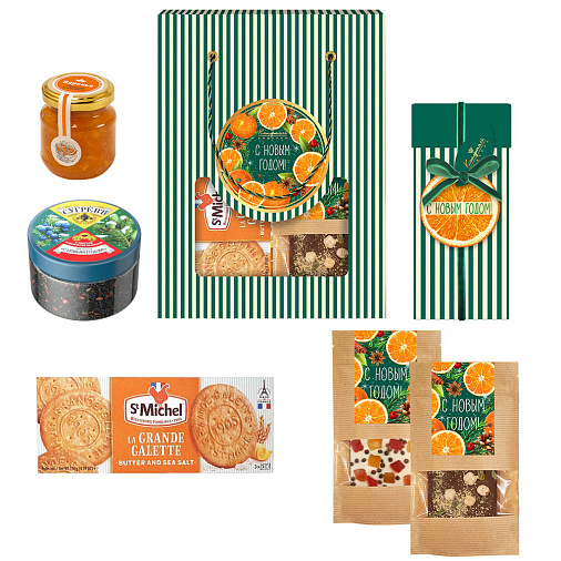 Новогодний пакет с конфетами: мармелад, шоколад, варенье, чай 630г