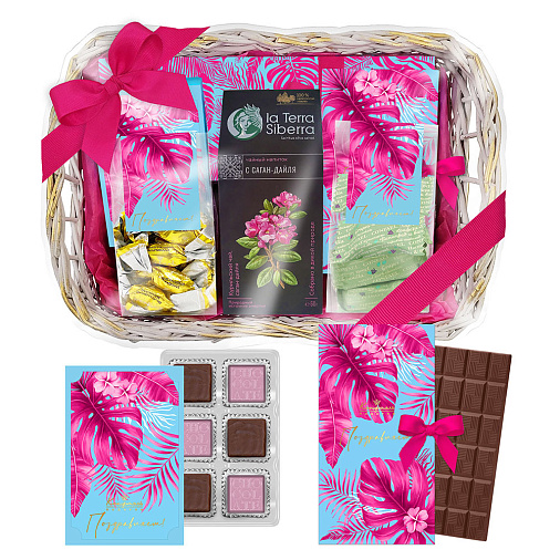 Подарочная корзина: шоколад, конфеты глазированные, шоколадные конфеты "Ассорти", чай