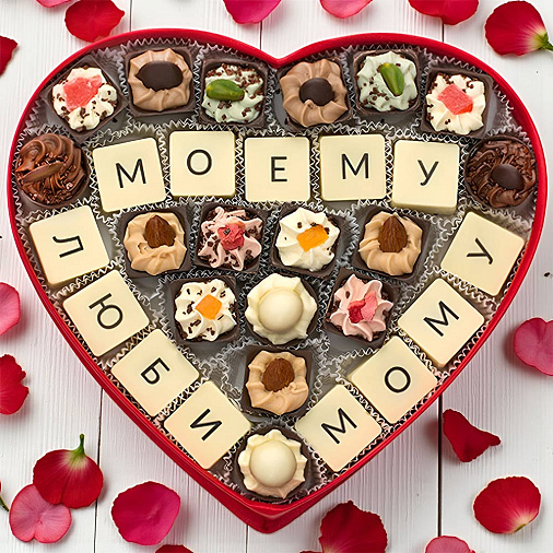 "Моему любимому" сердце с конфетами ручной работы