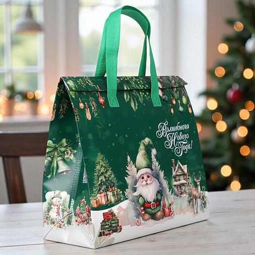 Термопакет зеленый "С Новым годом" 35х30х13 см (застежка липучка многоразовая)