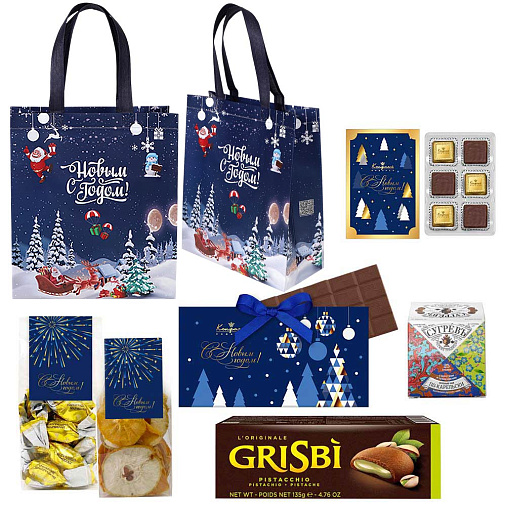 Новогодний набор: конфеты шоколадные, сухофрукты,печенье, чай 515г в сумке-шоппере