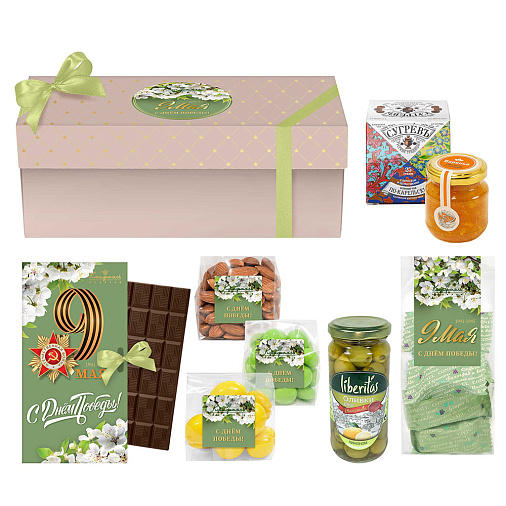 "9 мая" подарочный набор: шоколад, драже, оливки, чай, варенье