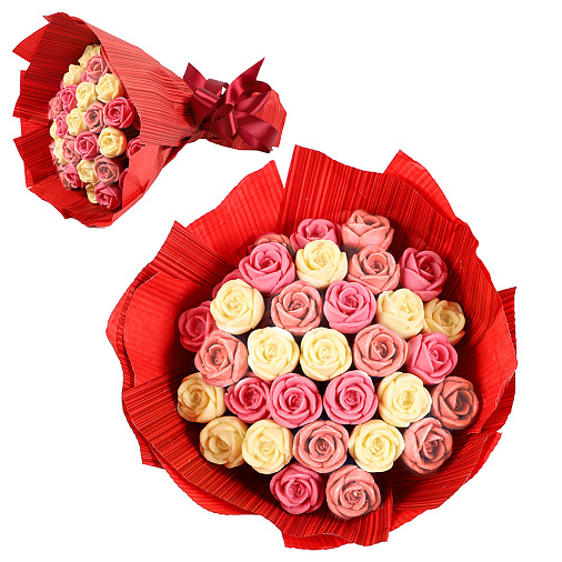Букет красный розы из белого шоколада пудровые, белые, розовые 430г 