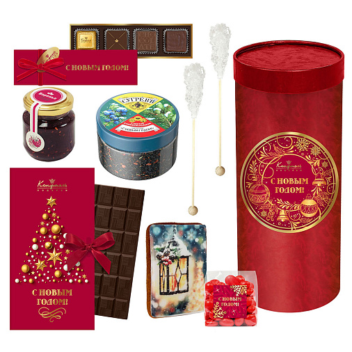 Новогодний набор: конфеты ассорти, пряник, чай, варенье 450г