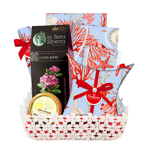 Подарочная корзина: шоколад, мармелад, конфеты глазированные, конфеты " Ассорти", чайный напиток, мед